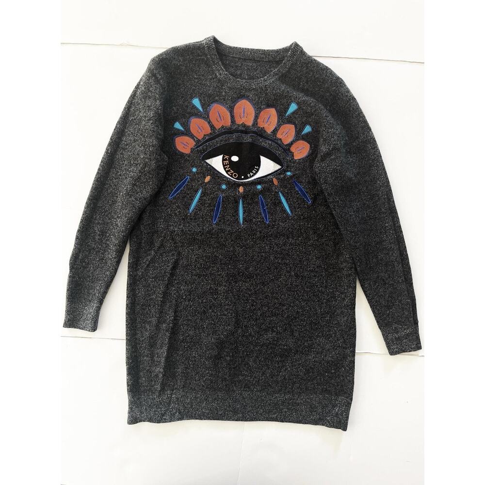 Kenzo Sweater Womens L Gray Eye Logo Embroidered Crew Neck Long Sleeve Knit